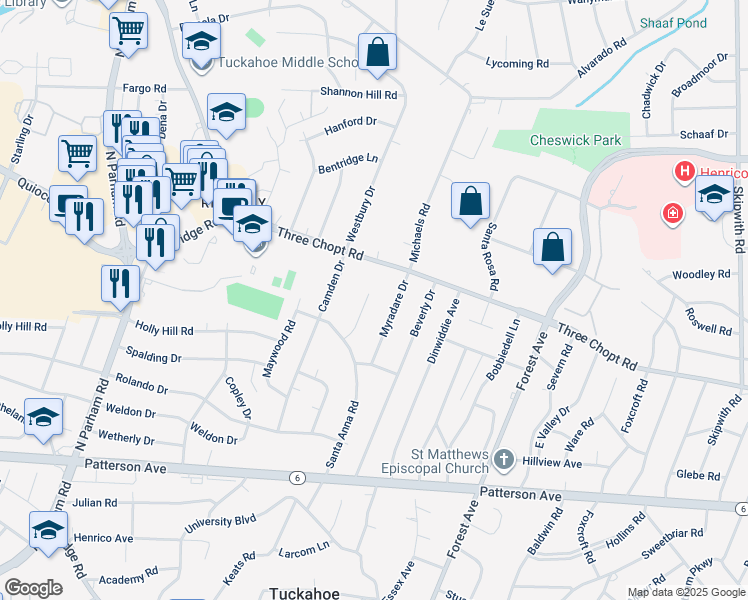 map of restaurants, bars, coffee shops, grocery stores, and more near 1417 Coronet Drive in Richmond