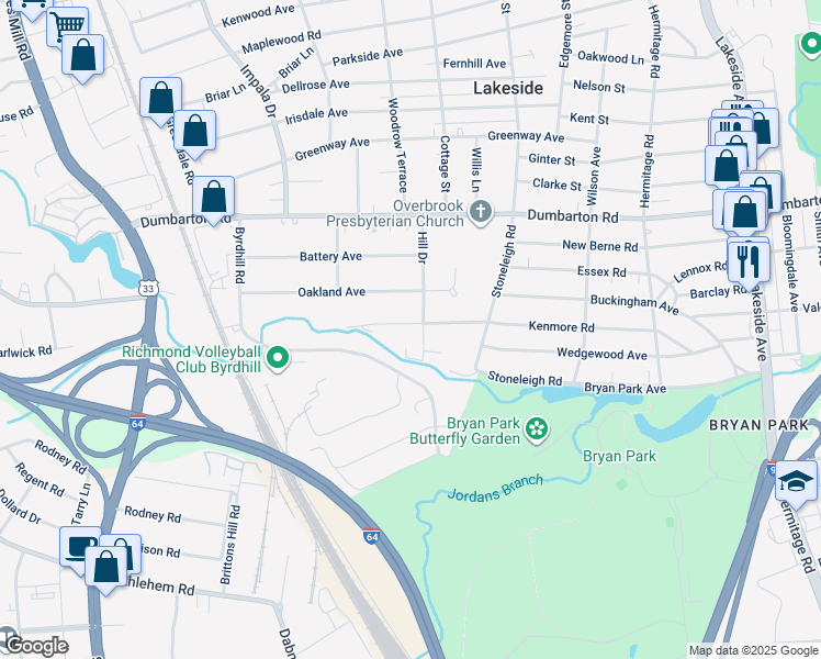 map of restaurants, bars, coffee shops, grocery stores, and more near 2803 Kenmore Road in Henrico