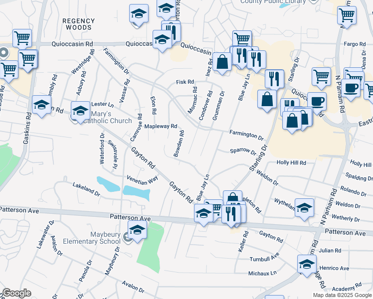 map of restaurants, bars, coffee shops, grocery stores, and more near 1208 Condover Road in Henrico
