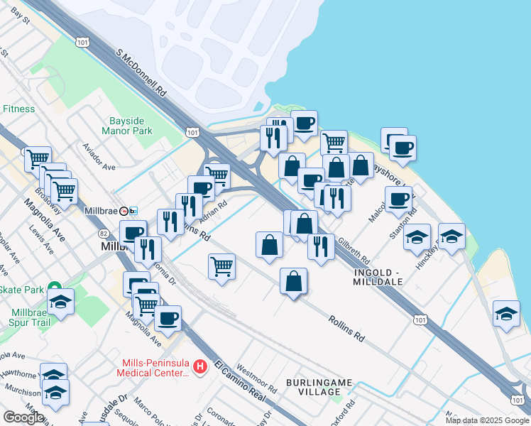 map of restaurants, bars, coffee shops, grocery stores, and more near 1 Adrian Court in Burlingame
