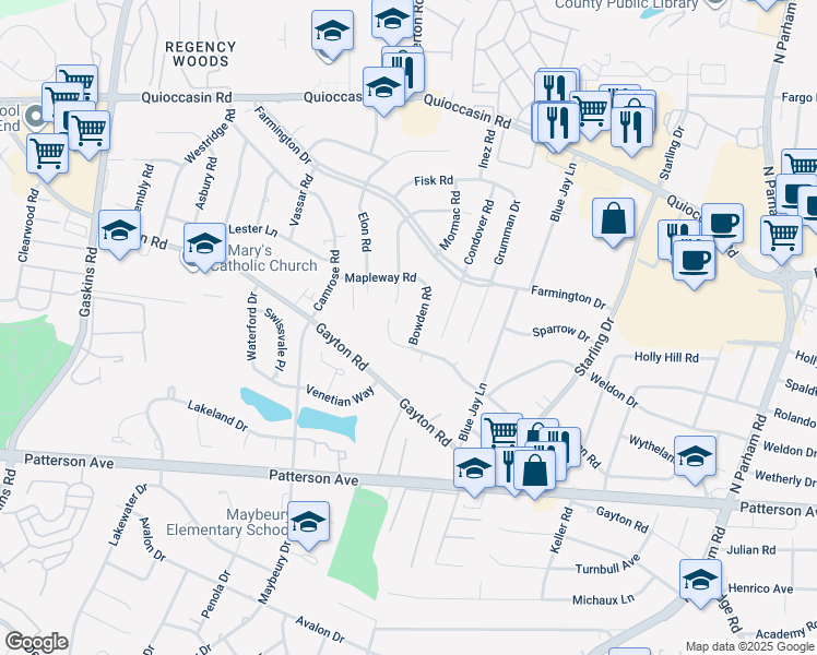 map of restaurants, bars, coffee shops, grocery stores, and more near 1204 Bowden Road in Richmond
