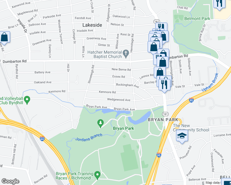 map of restaurants, bars, coffee shops, grocery stores, and more near 2323 Kenmore Road in Henrico