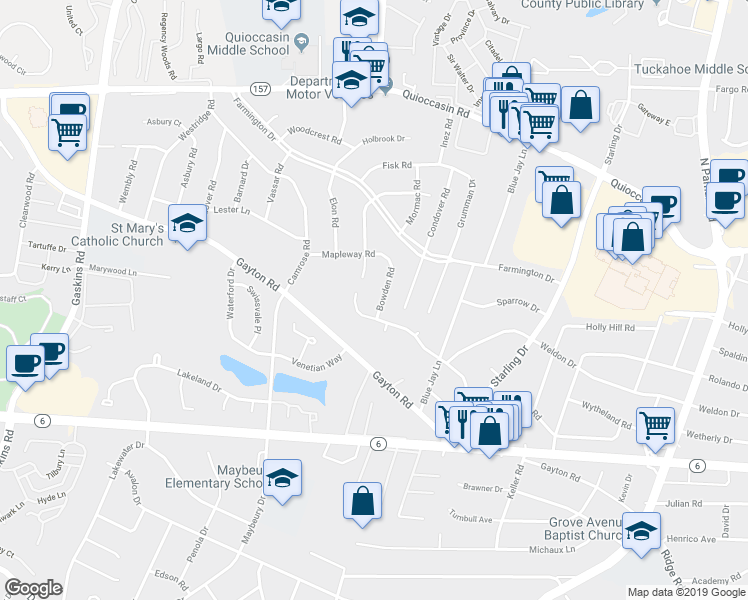map of restaurants, bars, coffee shops, grocery stores, and more near 1204 Bowden Road in Richmond
