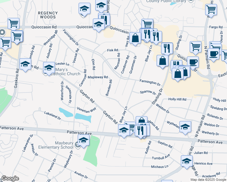 map of restaurants, bars, coffee shops, grocery stores, and more near 1208 Condover Road in Henrico
