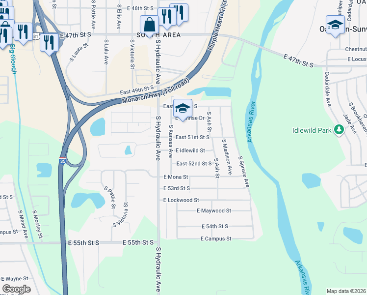 map of restaurants, bars, coffee shops, grocery stores, and more near 1815 East 51st Street South in Wichita