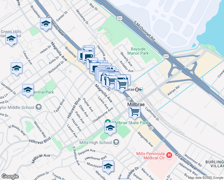 map of restaurants, bars, coffee shops, grocery stores, and more near 2 Millbrae Circle in Millbrae
