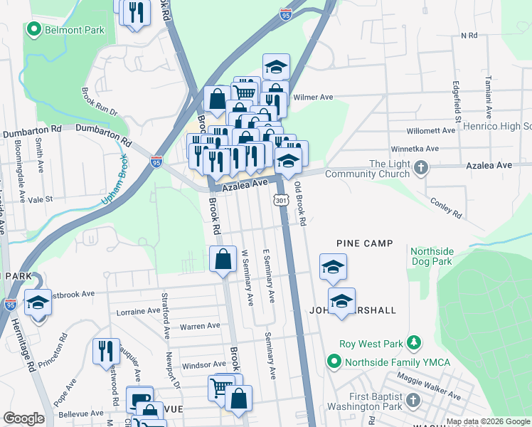 map of restaurants, bars, coffee shops, grocery stores, and more near 5013 East Seminary Avenue in Richmond