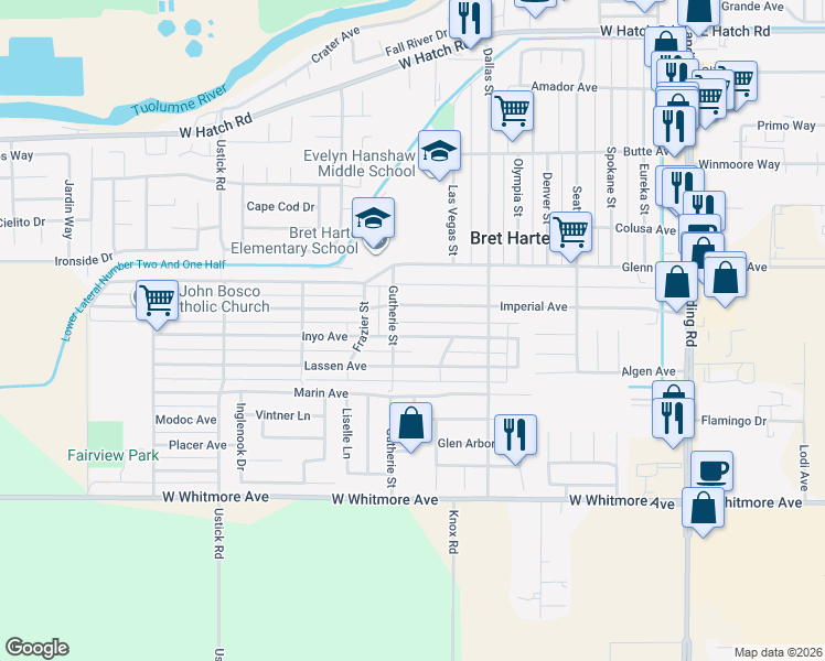 map of restaurants, bars, coffee shops, grocery stores, and more near 846 Imperial Avenue in Modesto