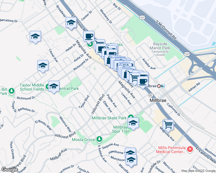 map of restaurants, bars, coffee shops, grocery stores, and more near 230 Hillcrest Boulevard in Millbrae
