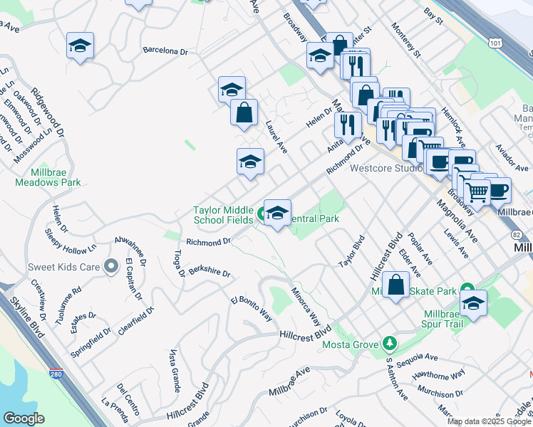 map of restaurants, bars, coffee shops, grocery stores, and more near 448 Richmond Drive in Millbrae