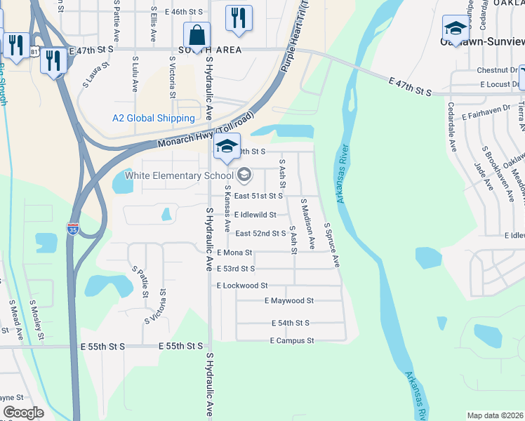 map of restaurants, bars, coffee shops, grocery stores, and more near 1927 East 51st Street South in Wichita
