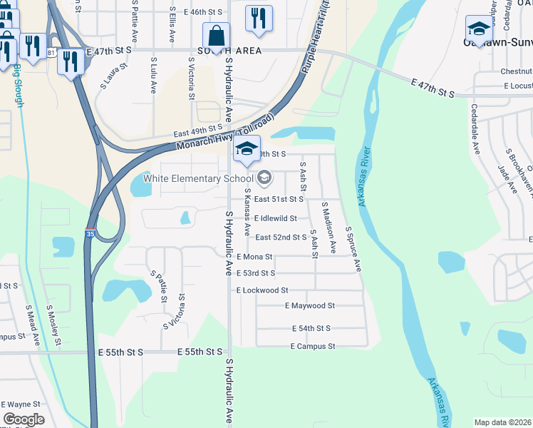 map of restaurants, bars, coffee shops, grocery stores, and more near 1815 East 51st Street South in Wichita
