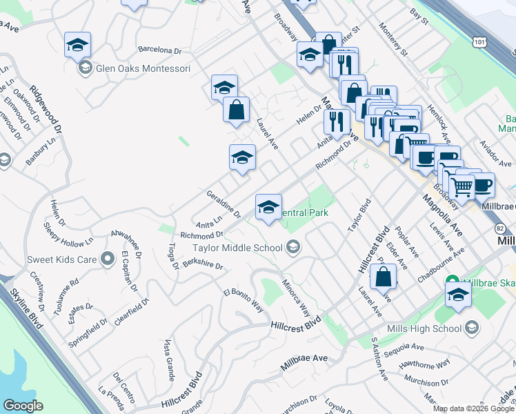 map of restaurants, bars, coffee shops, grocery stores, and more near 448 Richmond Drive in Millbrae