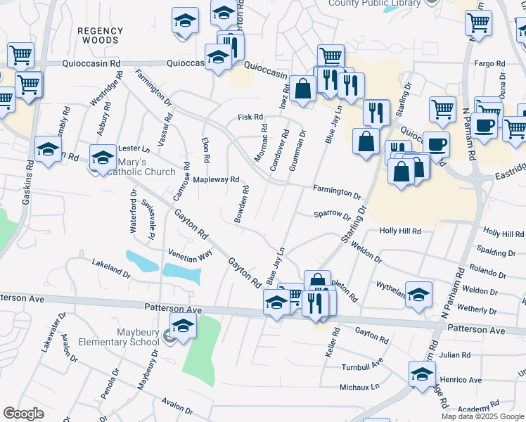 map of restaurants, bars, coffee shops, grocery stores, and more near 1211 Condover Road in Henrico