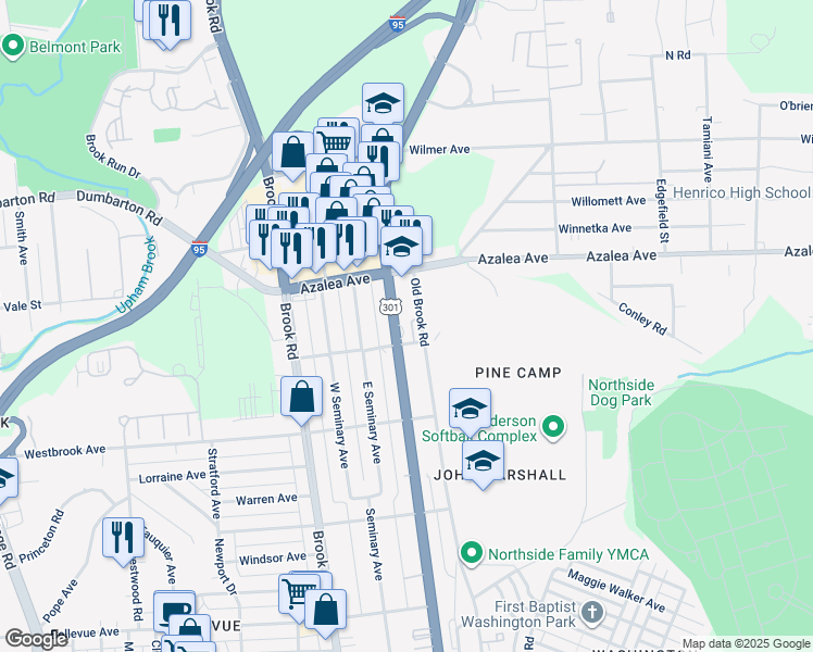 map of restaurants, bars, coffee shops, grocery stores, and more near 4905 Chamberlayne Avenue in Richmond