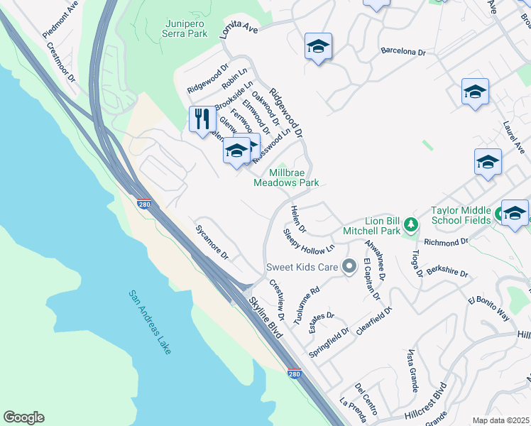 map of restaurants, bars, coffee shops, grocery stores, and more near 1016 Pinehurst Court in Millbrae