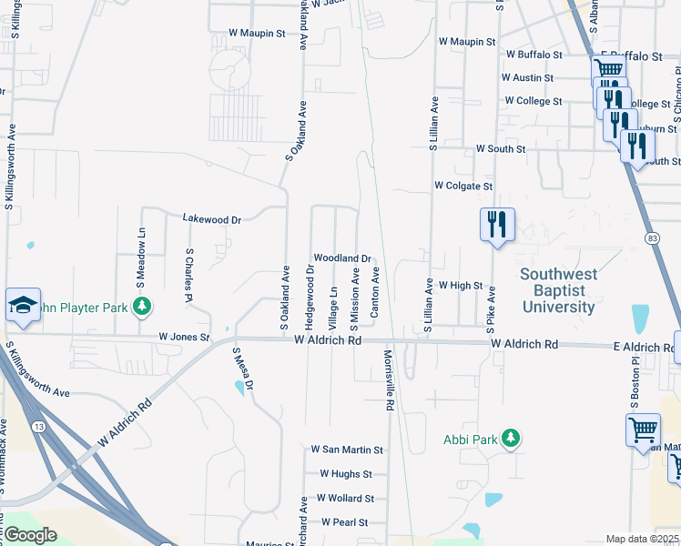 map of restaurants, bars, coffee shops, grocery stores, and more near 1500-1798 Village Ln in Bolivar