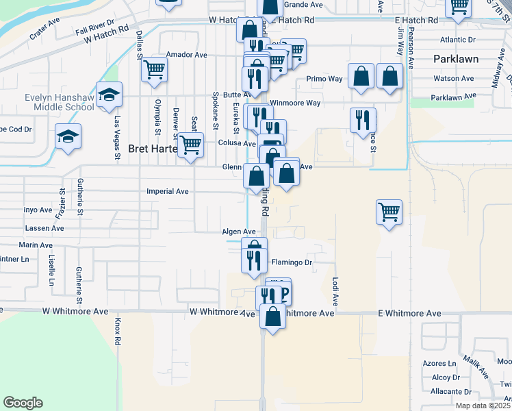 map of restaurants, bars, coffee shops, grocery stores, and more near 2007 Crows Landing Road in Modesto