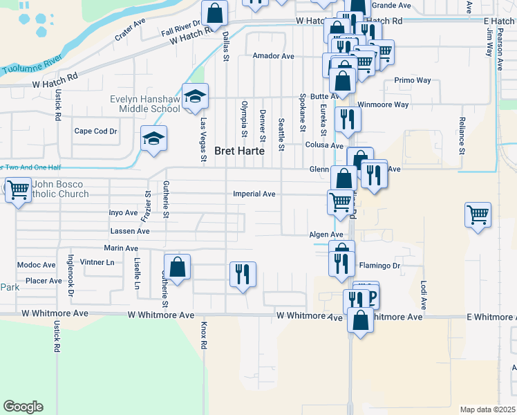 map of restaurants, bars, coffee shops, grocery stores, and more near 505 Mount Everest Court in Modesto