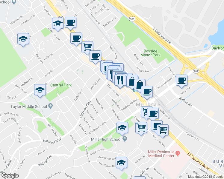 map of restaurants, bars, coffee shops, grocery stores, and more near Magnolia Avenue & La Cruz Avenue in Millbrae
