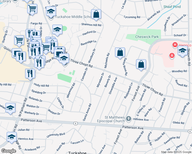 map of restaurants, bars, coffee shops, grocery stores, and more near 1419 Coronet Drive in Richmond