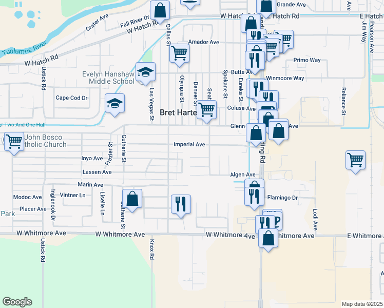 map of restaurants, bars, coffee shops, grocery stores, and more near 505 Mount Everest Court in Modesto