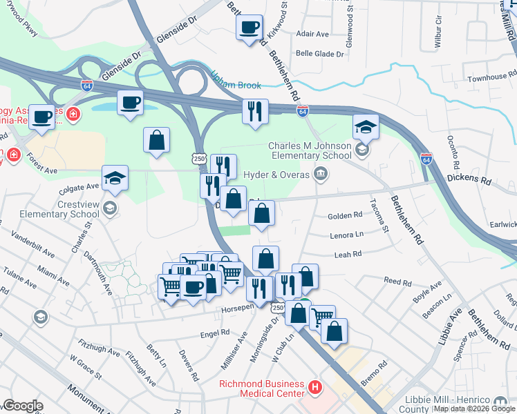 map of restaurants, bars, coffee shops, grocery stores, and more near 2121 Dickens Road in Richmond
