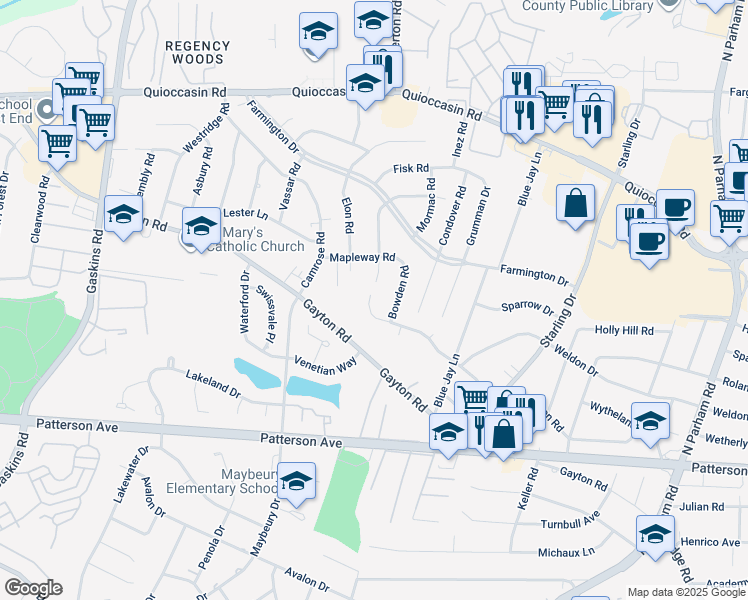 map of restaurants, bars, coffee shops, grocery stores, and more near 9200 Gayton Road in Henrico