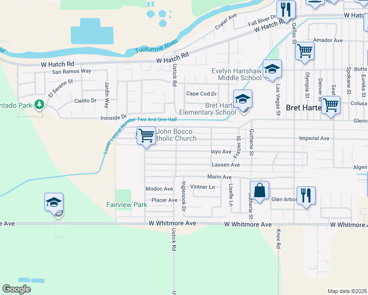 map of restaurants, bars, coffee shops, grocery stores, and more near 1402 Imperial Avenue in Modesto