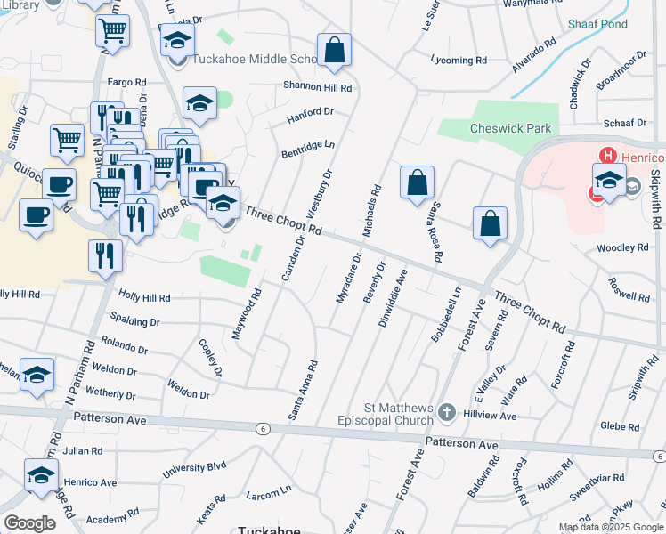 map of restaurants, bars, coffee shops, grocery stores, and more near 1419 Coronet Drive in Richmond