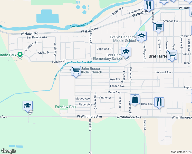 map of restaurants, bars, coffee shops, grocery stores, and more near 1402 Imperial Avenue in Modesto