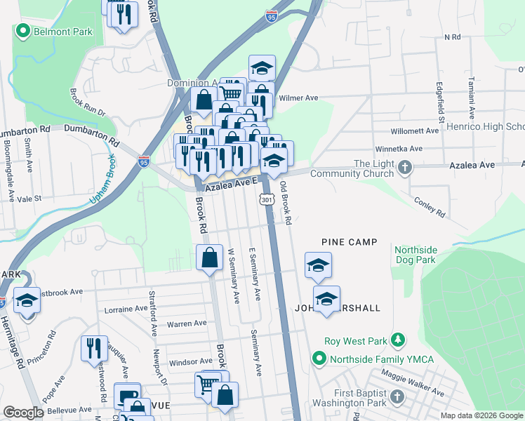 map of restaurants, bars, coffee shops, grocery stores, and more near 5013 East Seminary Avenue in Richmond