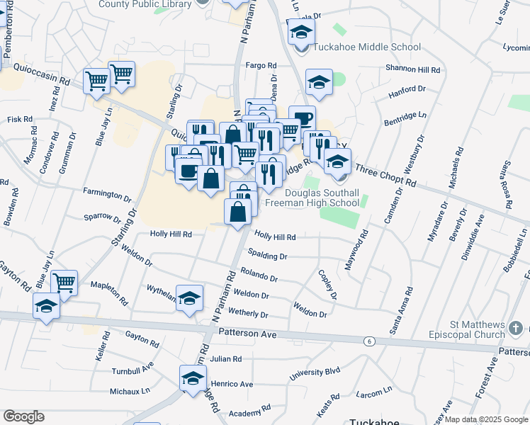 map of restaurants, bars, coffee shops, grocery stores, and more near 1407 Eastridge Road in Richmond