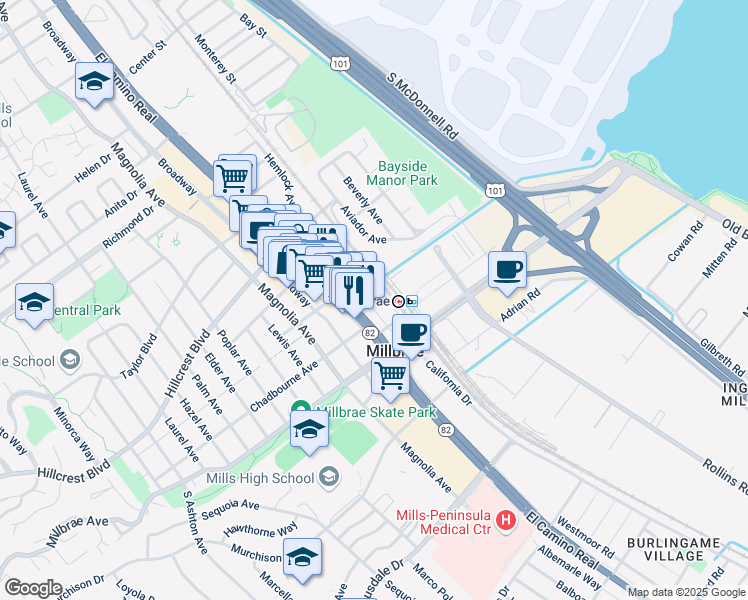 map of restaurants, bars, coffee shops, grocery stores, and more near 150 Serra Avenue in Millbrae
