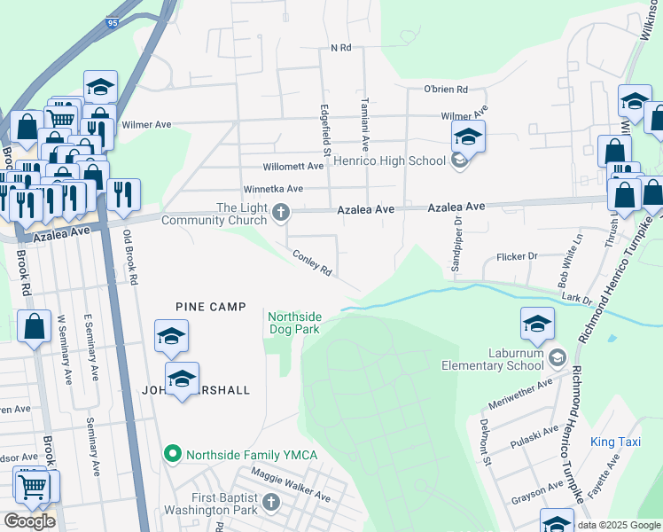 map of restaurants, bars, coffee shops, grocery stores, and more near 4900 Edgefield Street in Richmond