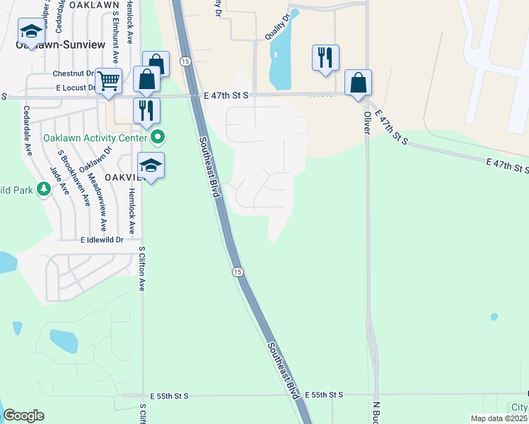 map of restaurants, bars, coffee shops, grocery stores, and more near 4201 Wildflower Cir in Wichita