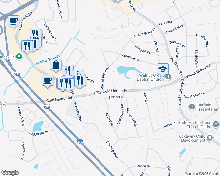 map of restaurants, bars, coffee shops, grocery stores, and more near 7162 Cold Harbor Road in Mechanicsville