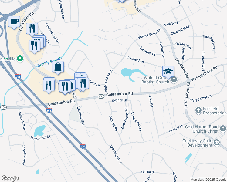 map of restaurants, bars, coffee shops, grocery stores, and more near 7162 Cold Harbor Road in Mechanicsville