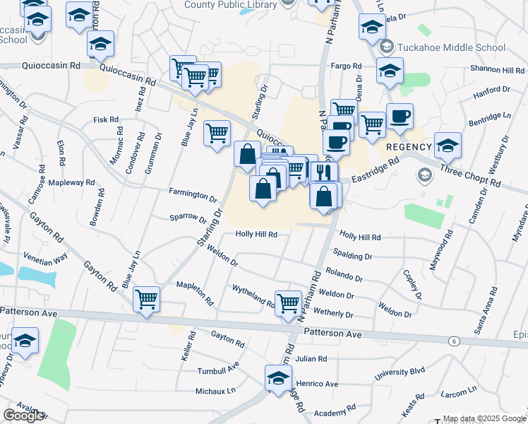 map of restaurants, bars, coffee shops, grocery stores, and more near 1408 North Parham Road in Henrico
