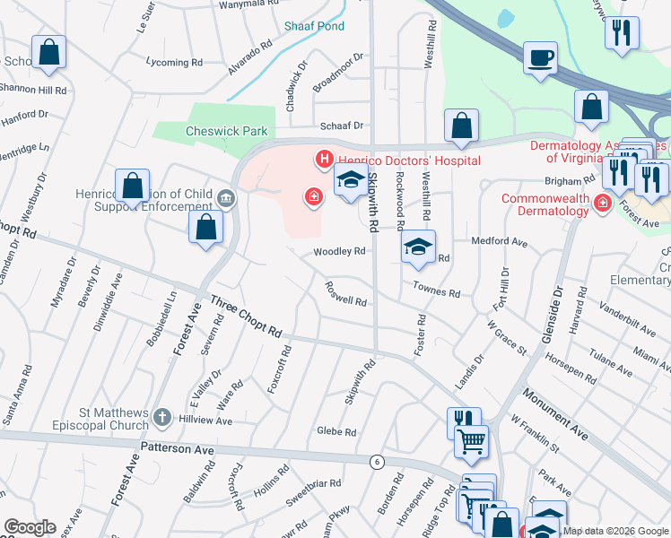 map of restaurants, bars, coffee shops, grocery stores, and more near 7512 Parkline Drive in Richmond