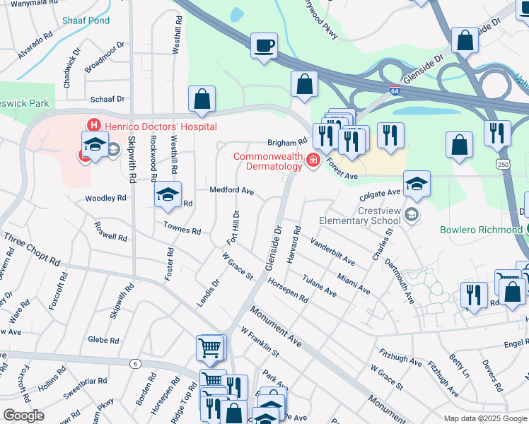 map of restaurants, bars, coffee shops, grocery stores, and more near 1519 Ethridge Drive in Richmond