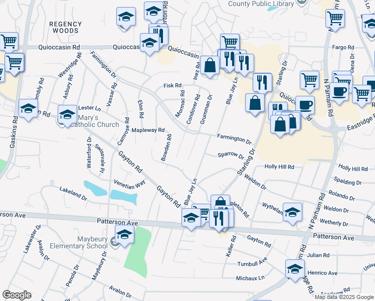 map of restaurants, bars, coffee shops, grocery stores, and more near 1212 Grumman Drive in Richmond