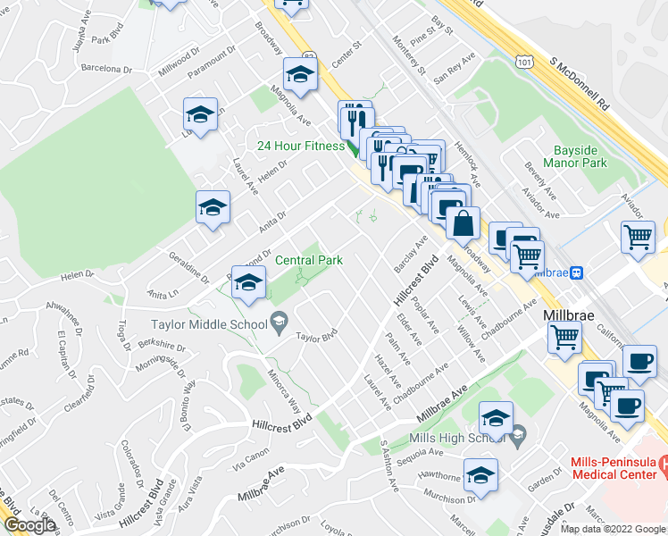 map of restaurants, bars, coffee shops, grocery stores, and more near 447 Palm Avenue in Millbrae