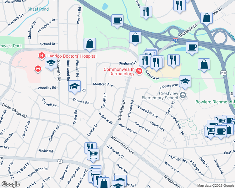 map of restaurants, bars, coffee shops, grocery stores, and more near 1519 Ethridge Drive in Richmond