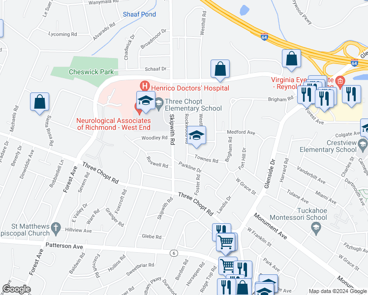 map of restaurants, bars, coffee shops, grocery stores, and more near 1510 Rockwood Road in Richmond