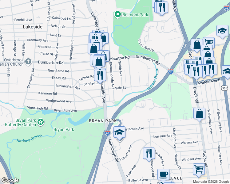 map of restaurants, bars, coffee shops, grocery stores, and more near 5218 Bloomingdale Avenue in Richmond
