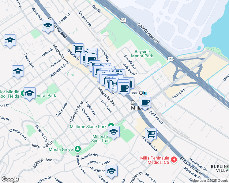 map of restaurants, bars, coffee shops, grocery stores, and more near 238 Broadway in Millbrae