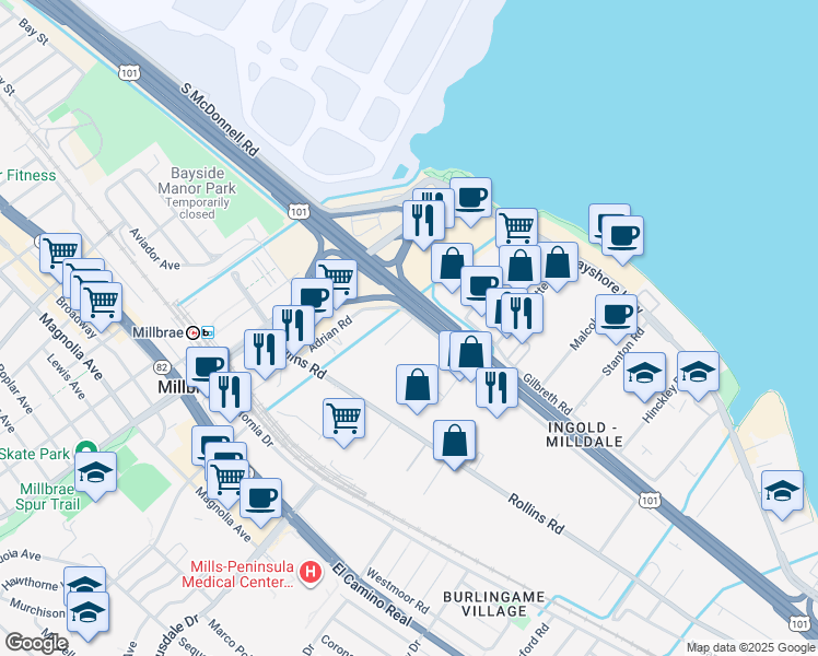 map of restaurants, bars, coffee shops, grocery stores, and more near 1 Adrian Court in Burlingame