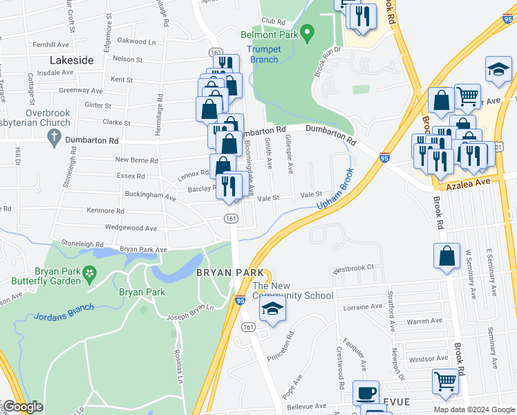 map of restaurants, bars, coffee shops, grocery stores, and more near 5213 Bloomingdale Avenue in Henrico