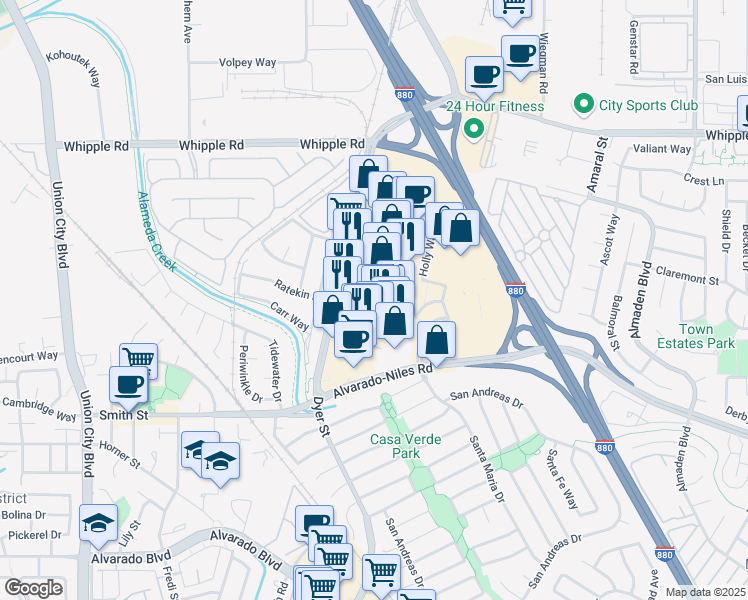 map of restaurants, bars, coffee shops, grocery stores, and more near 31950 Dyer Street in Union City